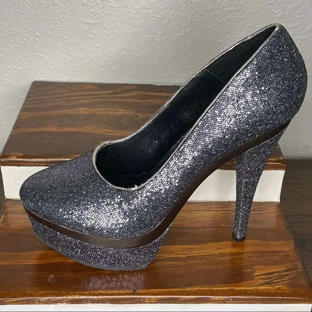 Promise Stiletto Platform Glitter Sparkly Steel Gray / Pewter High Heels Size 9